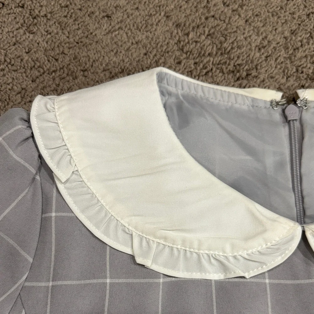 Ank Rouge Japan brand schoolgirl Gray Plaid Long Sleeve Dress White Collar - Picture 5 of 9